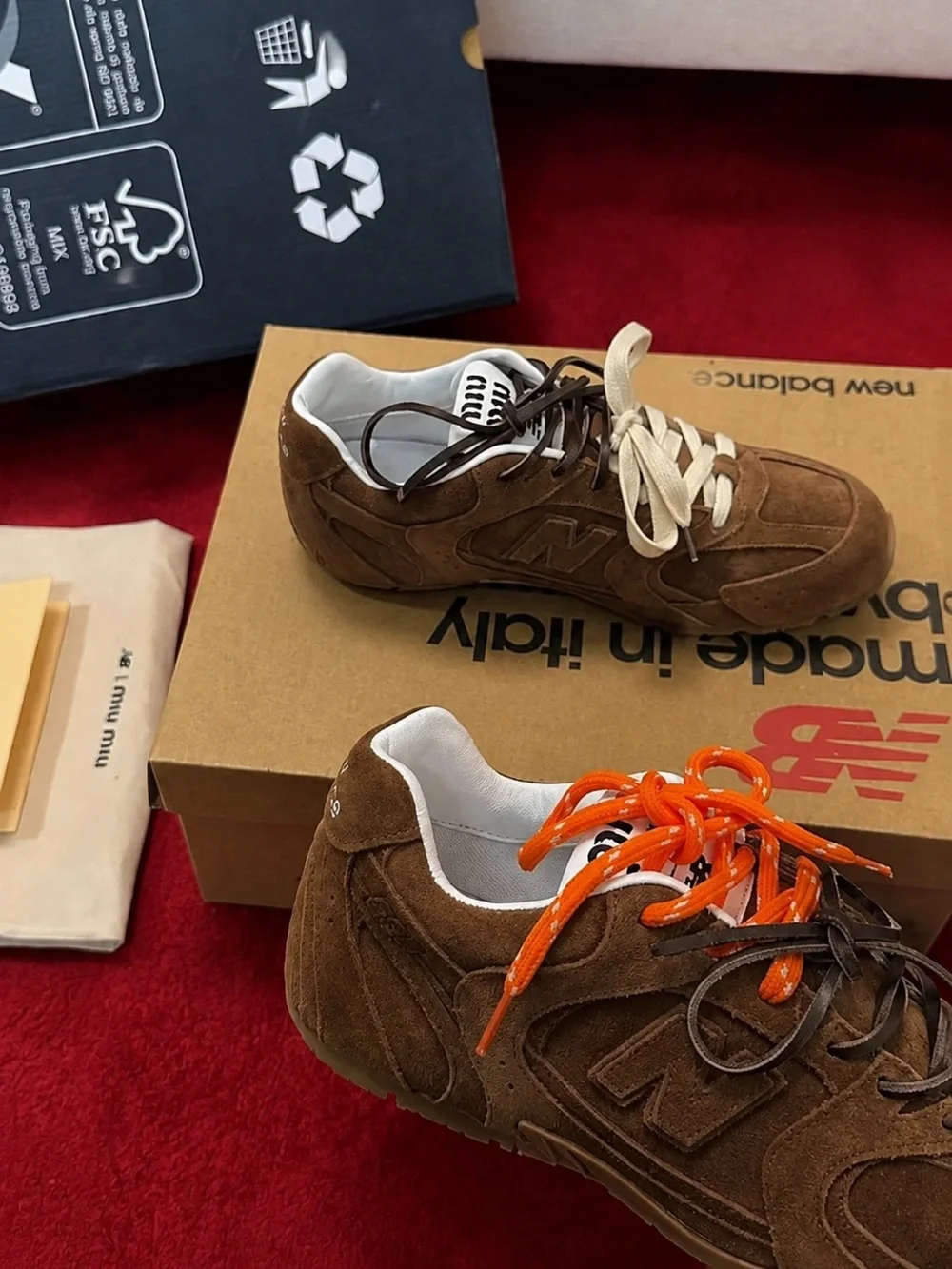 Miu Miu Brown Suede Men's Sneakers with Cream and Orange Laces